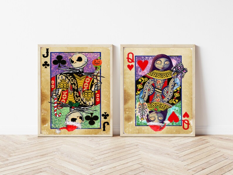 May include: Two framed playing card prints featuring characters from The Nightmare Before Christmas. One shows Jack Skellington as the Jack of Clubs, the other Sally as the Queen of Hearts. The cards have a vintage, distressed look.