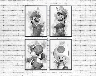 Impressions noir et blanc de Mario, Posters de Luigi Toad Yoshi, Art mural, Film de cinéma, Décoration de jeu vidéo, Salle de jeux, Chambre d'enfants, Film Galaxy, A2 A3