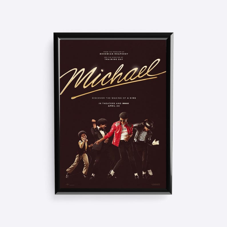 May include: Framed movie poster for "Michael" with a dark brown background. The title "Michael" is in gold script. The poster features images of Michael Jackson in various outfits, dancing. Text includes "Discover the Making of a King" and "In Theaters and IMAX April 24."