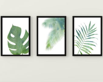 Green Leaf Prints, Botanical Wall Art, Modern Greenery, Plant Posters, Set Of 3 , Monstera Theme, Living Room Pictures, Tropical Leaves