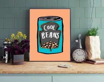Cool beans print, kitchen décor, colourful wall art, fun home decor, baked beans, house warming gift, food theme, food lover, A2 A3 A4 8x10