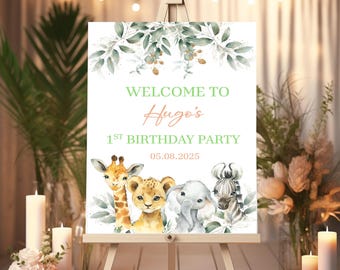 Cartaz personalizado para festa com tema de safári na selva, placa de aniversário de animais, decoração de festa, primeiro aniversário, crianças, placa de boas-vindas, A2 A3 A4