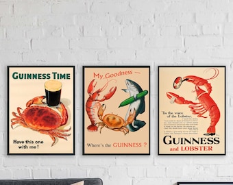 Posters style Guinness vintage, homard et crabe, décoration de pub, oeuvre d'art murale de café, thème de l'alcool, cadeau pour lui, bar irlandais et cuisine, A2 A3 A4