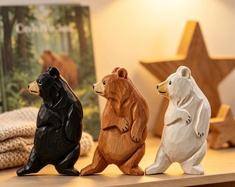 Wooden Bear Set Carved Bear Figurines Black Brown White Bear Decor Mini Animal Sculpture Forest Nursery Gift