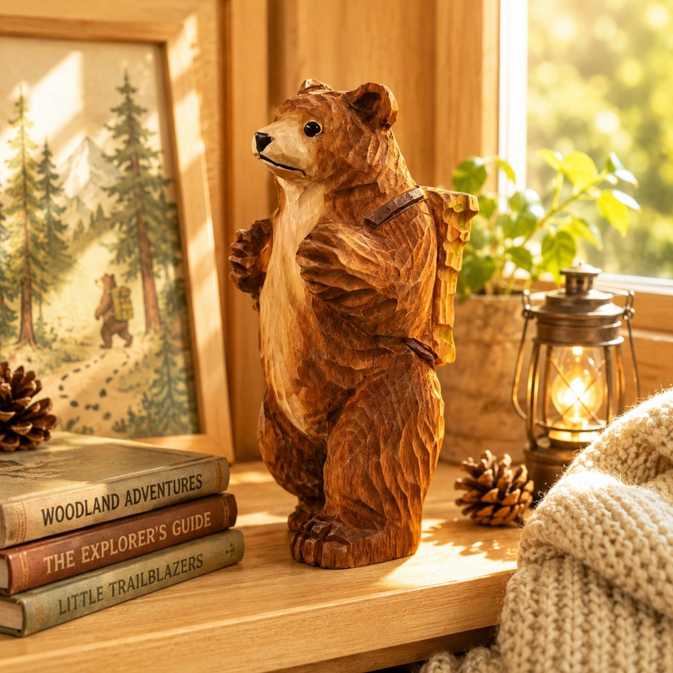 木目が綺麗な美しいデザインが施されたナチュラルCOLORの熊と魚の彫刻の置物 Carved wood bear with fish - Etsy 日本