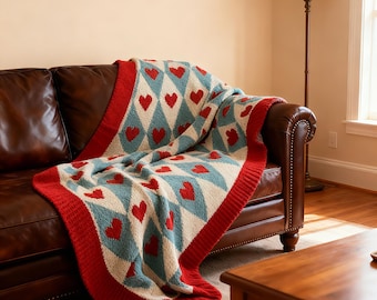 Handcrafted Heart Knit Throw Blanket, Vintage Style Valentine Gift