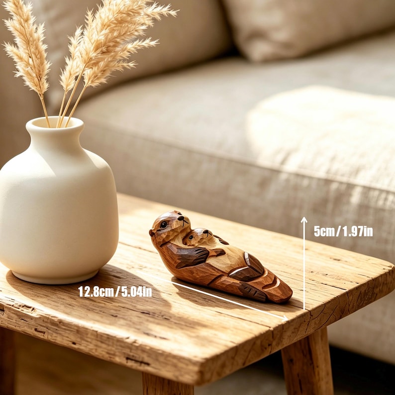 Familjefigur av havsutter, trädekoration med havsdjur, hylldekoration för uttermamma och bebis, Montessori-naturleksak, present till marinälskare bild 2