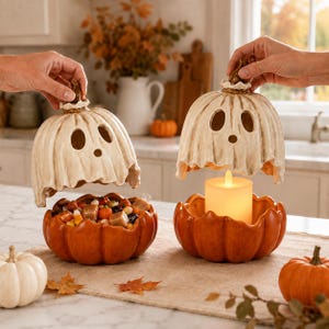 May include: Two ceramic pumpkin-shaped containers with removable lids shaped like ghosts. One container is filled with assorted sweets, while the other holds a battery-operated pillar candle. The pumpkins are orange and the ghost lids are off-white.