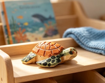 Hand Carved Wooden Turtle Figurine, Mini Sea Turtle, Ocean Decor, Cute Desk Decor, Handmade Gift