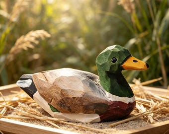 Hand Carved Wooden Mallard Duck Figurine, Mini Duck Sculpture, Farmhouse Decor, Cute Desk Decor, Duck Gift