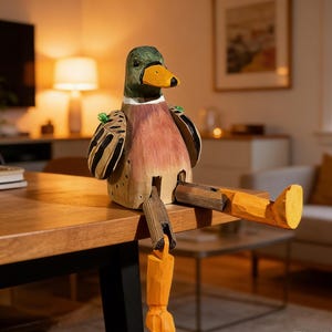 Könnte beinhalten: Eine Holzente-Figur mit grünem Kopf, gelbem Schnabel und braun-beigem Körper. Die Ente sitzt mit ihren Beinen über dem Rand eines Holztisches. Die Flügel der Ente sind mit schwarzen und braunen Mustern versehen.