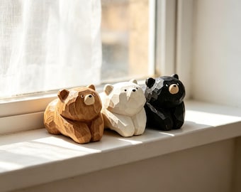 Hand Carved Wooden Bear Set, Woodland Animal Figurines, Cute Forest Bear Decor, Montessori Waldorf Nursery Toy, Rustic Desk Shelf Decor