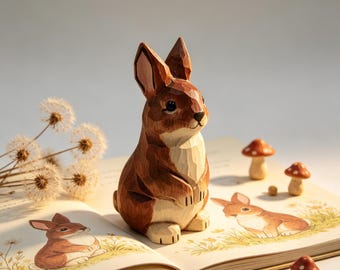 Hand Carved Wooden Bunny Figurine, Mini Rabbit Sculpture, Cute Desk Decor, Handmade Animal Gift