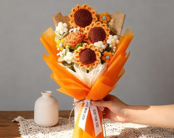 Handmade Crochet Sunflower Bouquet, Everlasting Knitted Flowers
