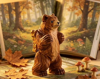 Hand Carved Wooden Bear Figurine with Backpack, Cute Woodland Animal Sculpture, Miniature Bear Decor, Hiking Gift