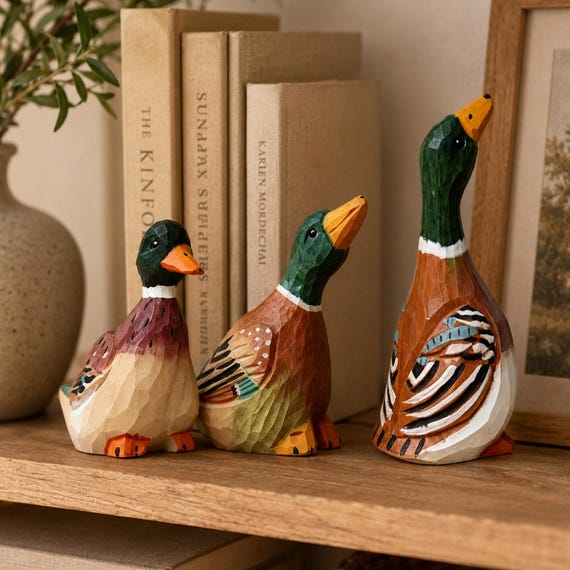 Hand Carved Wooden Mallard Duck Figurine Set, Duck Trio Shelf Decor, Wild Bird Gift, Farmhouse Nature Table Decor