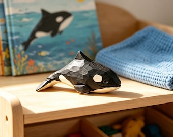Hand Carved Wooden Orca Figurine, Killer Whale Sculpture, Ocean Animal Decor, Cute Desk Decor, Marine Gift