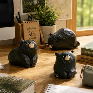 Black Bear Wooden Figurines, 3 Carved Poses for Dorm Desk and Rustic Cabin Decor
