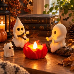 May include: Two white ghost figurines sitting on logs, one holding a stick with marshmallows, beside a small white ghost cat figurine and a red flame-shaped candle holder with a glowing yellow LED tea light, set against a stack of books.