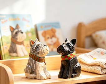 Hand Carved Wooden Schnauzer Dog Figurine, Grey White Black Dog Sculpture, Mini Pet Decor, Dog Lover Gift