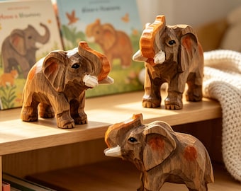 Hand Carved Wooden Elephant Figurine, Cute Elephant Sculpture, Mini Animal Decor, Good Luck Gift, Safari Animal