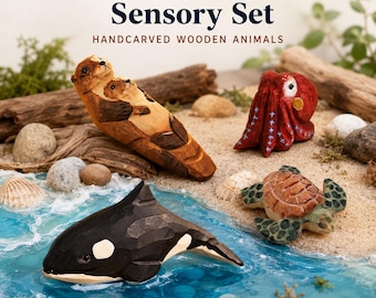 Ocean Explorer Sensory Set - Handcarved Wooden Sea Animals - Montessori Waldorf Toys - Sea Otter, Orca, Octopus, Turtle - Nursery Decor Gift
