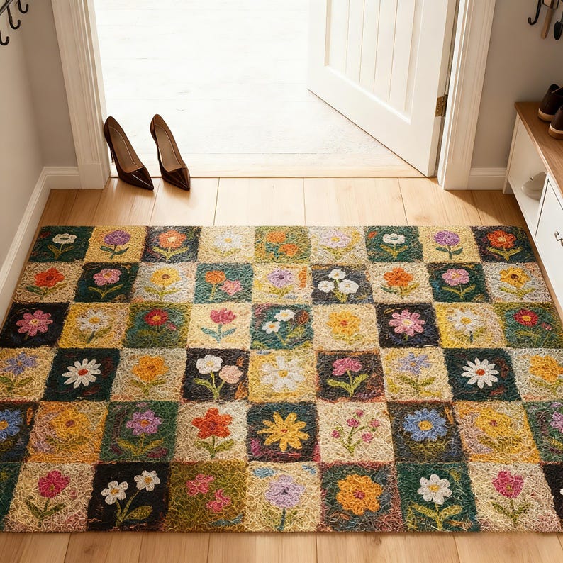 Handgjord blommig PVC-dörrmatta — Vattentät entrématta för utomhus-/inomhusbruk med hållbar smutsfångande design No.7