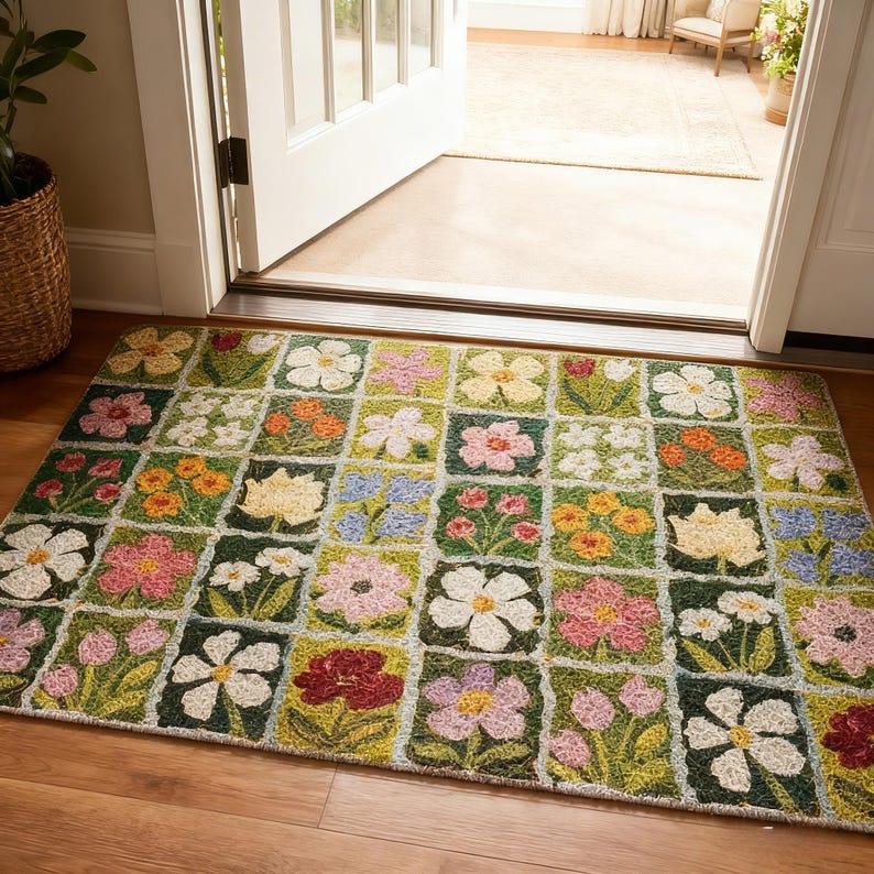 Handgjord blommig PVC-dörrmatta — Vattentät entrématta för utomhus-/inomhusbruk med hållbar smutsfångande design No.8
