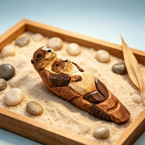 Familjefigur av havsutter, trädekoration med havsdjur, hylldekoration för uttermamma och bebis, Montessori-naturleksak, present till marinälskare bild 6
