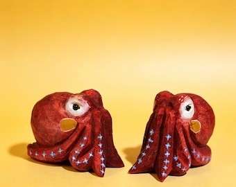 Hand Carved Wooden Octopus Figurine, Cute Red Octopus Sculpture, Mini Ocean Animal Decor, Nautical Gift, Sea Creature