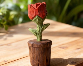 Hand Carved Wooden Red Rose, Handmade Rustic Flower Decor, Romantic Anniversary Engagement Gift