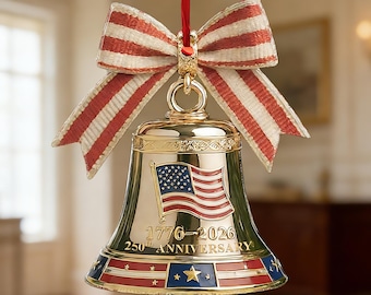 America 250 Bell Ornament – 250th Anniversary Independence Day Decor, Patriotic Hanging Bell with American Flag, July 4th USA Keepsake