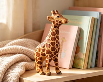 Wooden Giraffe Figurine Hand Carved Animal Decor Safari Nursery Decor Tall Giraffe Sculpture Woodland Gift