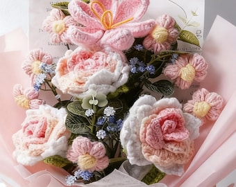 Handmade Crochet Flower Bouquet – Gift for Mom, Bridal Bouquet, Everlasting Peony Flowers, Home Decor