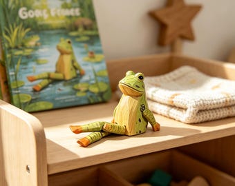Hand Carved Wooden Frog Figurine, Long Leg Frog Sculpture, Poseable Decor, Cute Desk Decor, Frog Gift