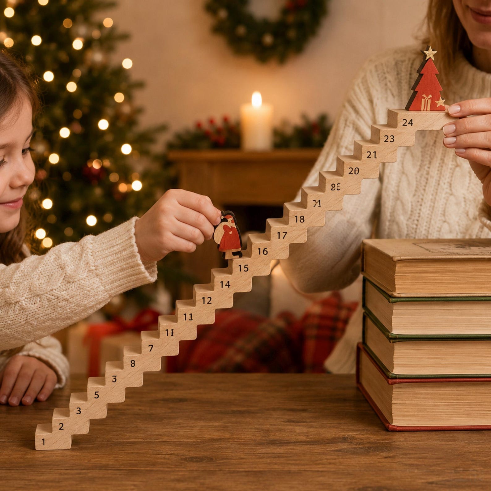 Wooden Advent Calendar Stairs, 24-Day Santa Christmas Countdown Decor