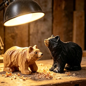 Handgesneden houten beer set, zwarte beer en bruine beer beeldjes, bos dierendecor, rustieke houten sculptuur, natuurcadeau