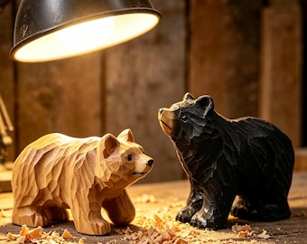 Bear Family Figurines, Wooden Forest Animal Decor, Black & Brown Bear Set, Woodland Nursery Shelf Decor, Nature Lover Gift
