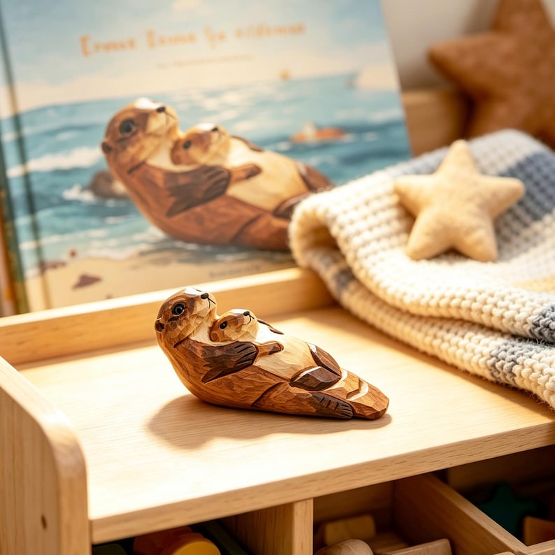 May include: A wooden sculpture of an otter and its pup, with a book and a star-shaped decoration in the background. The sculpture is brown and tan, with detailed carving. The book has an illustration of otters on the beach. The scene is set on a wooden surface.