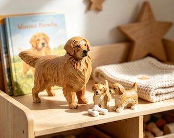 Golden Retriever Family Figurines, Wooden Dog Family Decor, Puppy and Parent Set, Dog Lover Gift, Nursery Shelf Decor