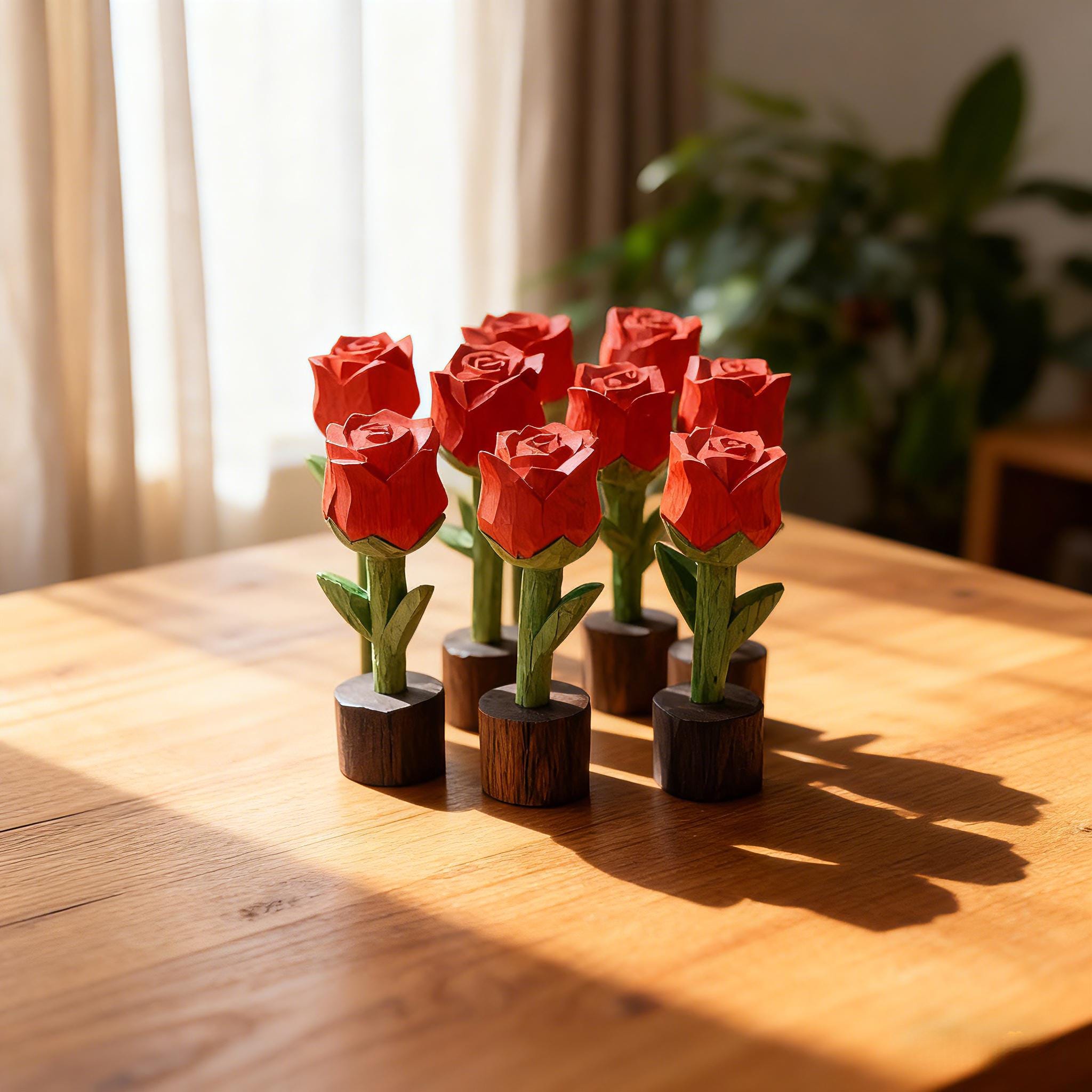Hand Carved Wooden Red Rose, Handmade Rustic Flower Decor, Romantic ...