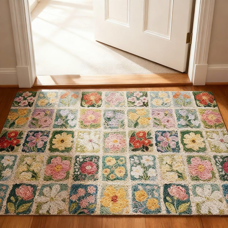 Handgjord blommig PVC-dörrmatta — Vattentät entrématta för utomhus-/inomhusbruk med hållbar smutsfångande design No.3