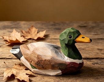 Hand Carved Wooden Mallard Duck Figurine, Mini Duck Sculpture, Farmhouse Decor, Cute Desk Decor, Duck Gift