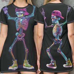 Black T-Shirt Dress – Neon Dancing Skeleton Front & Back – Festival Rave Glow Party Outfit – Halloween Skater Dress
