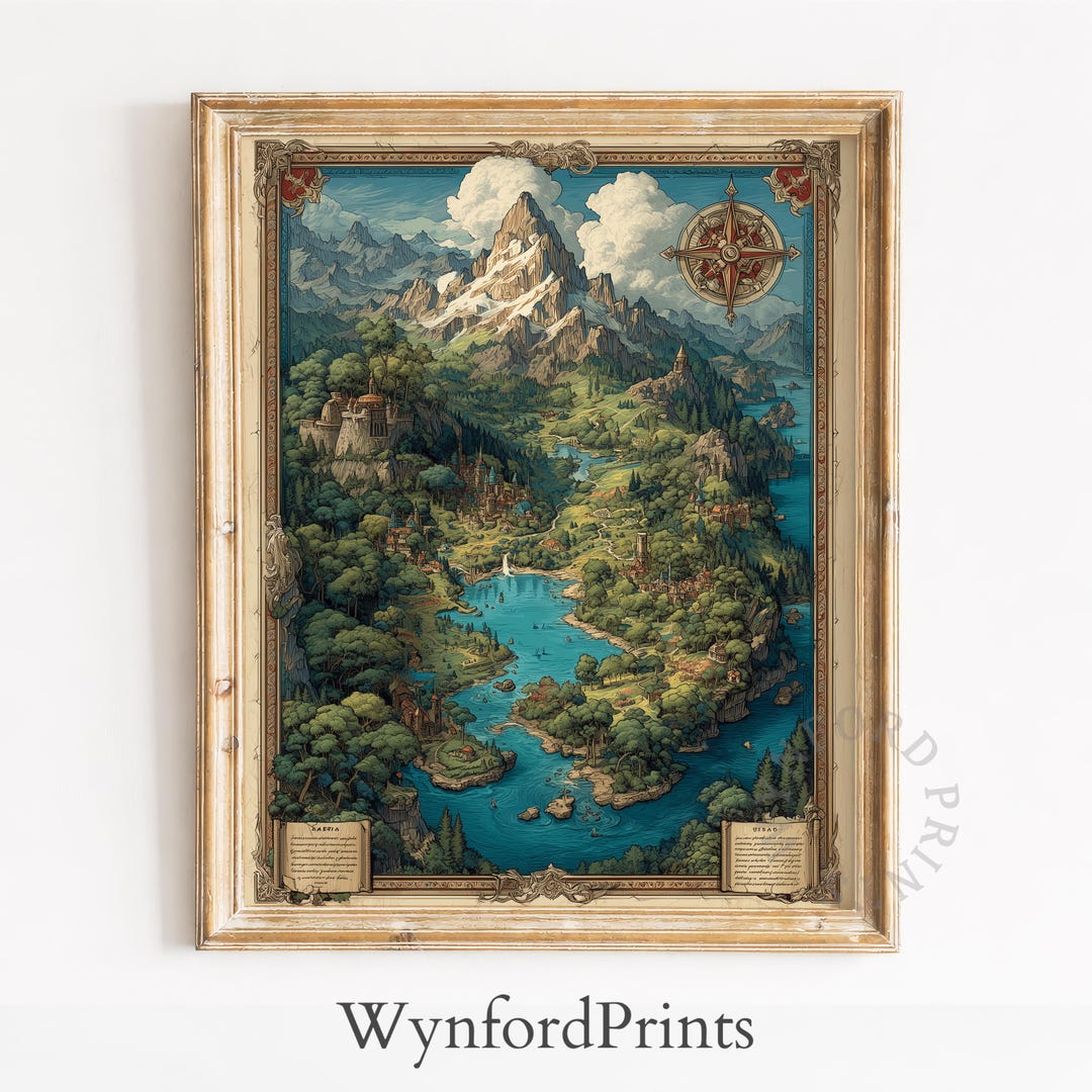 Hand-drawn Fantasy Map Art, Vintage Island Scene With Lakes and ...
