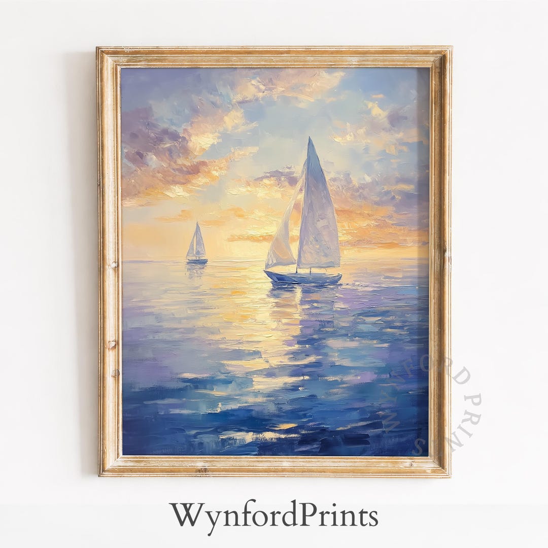 Printable Sunset Sailboat Seascape Painting - Nautical Coastal Wall Art ...