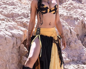 Wasteland Costume - Corset Skirt - Gothic Outfit - Apocalyptic Outfit - Hand Dyed - Black and Yellow - Wasteland Clothing