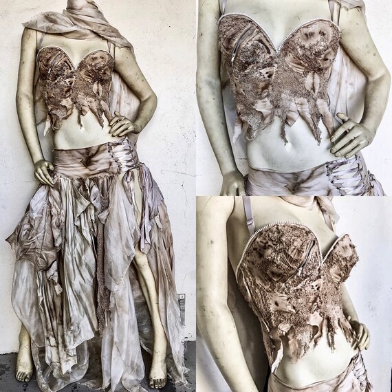 Wasteland Costume - Corset Skirt - Corset Cropped Top - Gothic - Apocalyptic Outfit - Hand Dyed - Made to Order - Wasteland Halloween