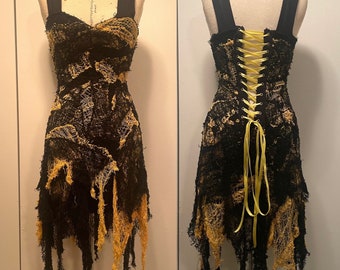 Gothic Dress Black and Yellow- Spider Webb Dress - Halloween Costume