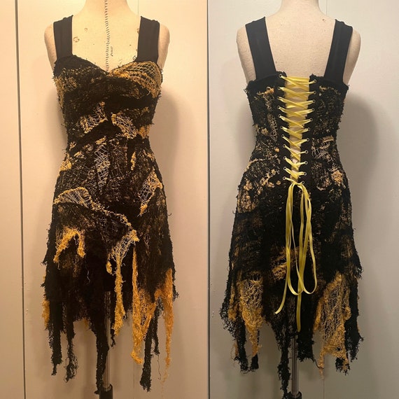 Gothic Dress Black and Yellow- Spider Webb Dress - Halloween Costume